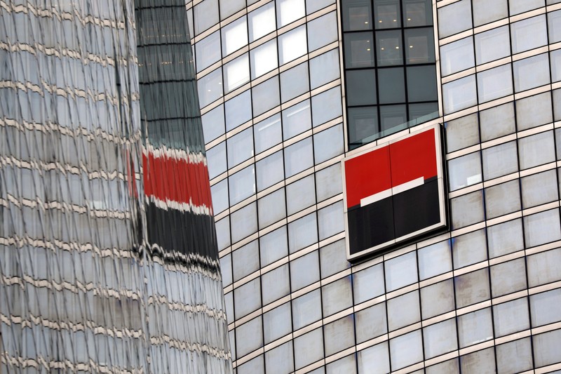 FILE PHOTO: The logo of French bank Societe Generale is seen on the company's headquarters in Puteaux at the financial and business district of La Defense near Paris, outside Paris, France, May 14, 2018.  REUTERS/Charles Platiau/File Photo