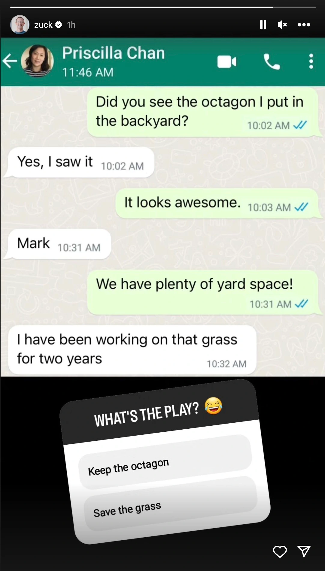 Text conversation between Mark Zuckerberg and his wife 